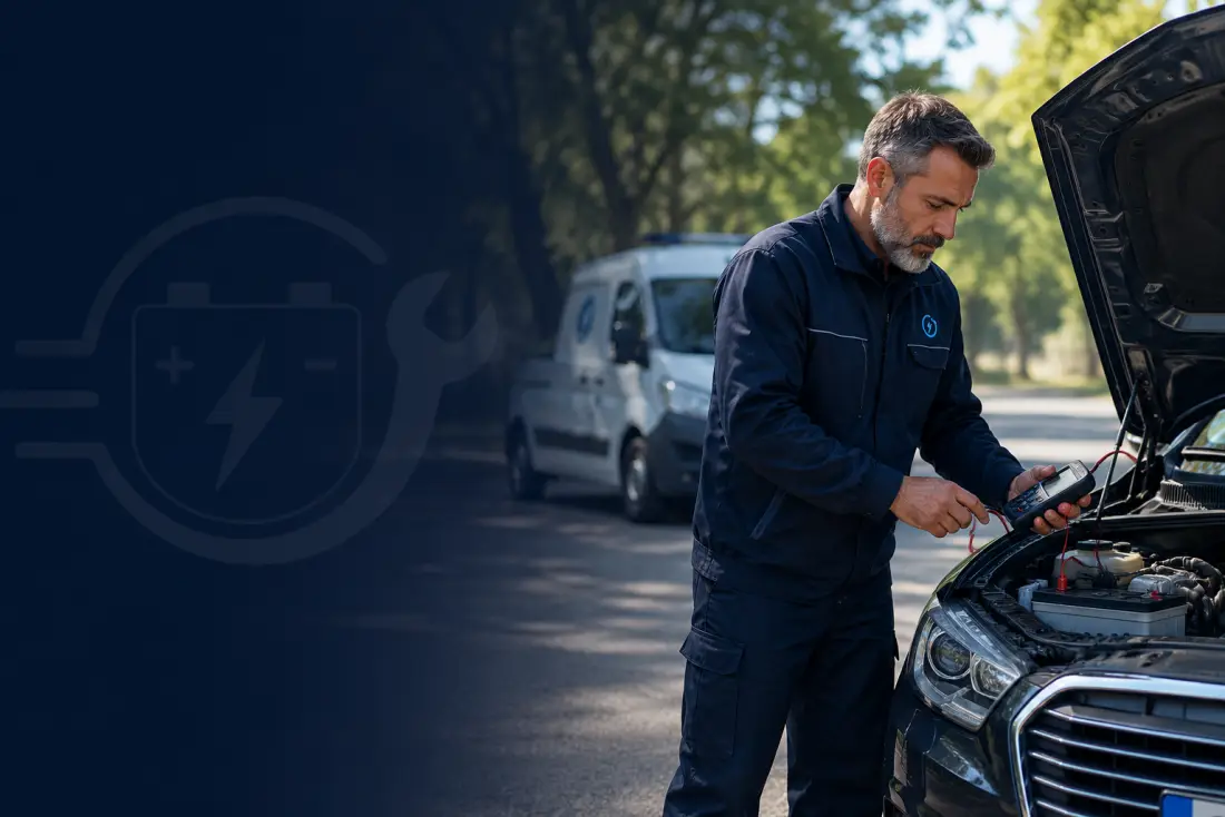 Technicien batterie contrôlant une voiture sur route, véhicule d'assistance en arrière-plan