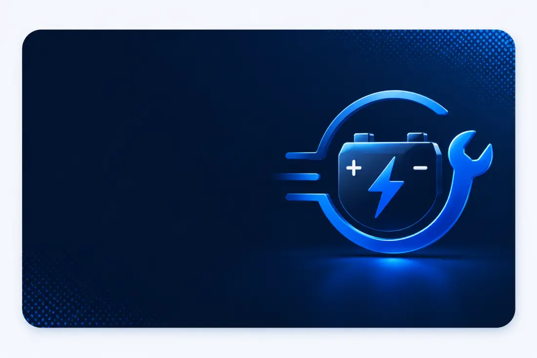 Visuel bleu Dépannage Batterie avec pictogramme batterie et clé